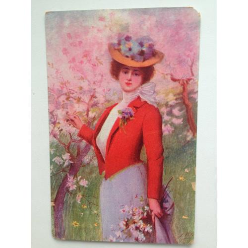 Французская открытка. Дама в цветущем саду.