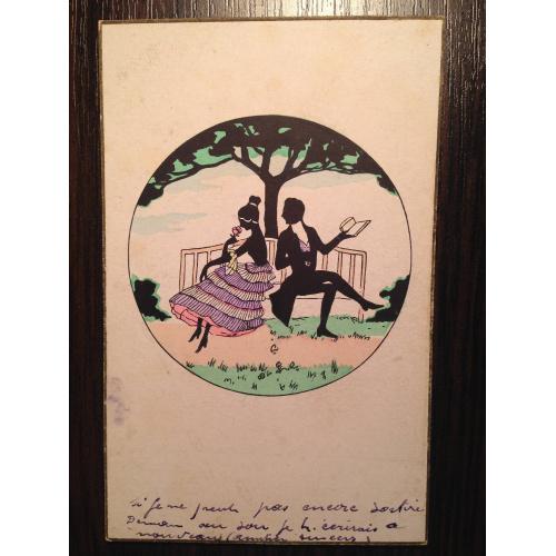 Французская открытка. Пара на скамейке возле дерева. 1922 г.
