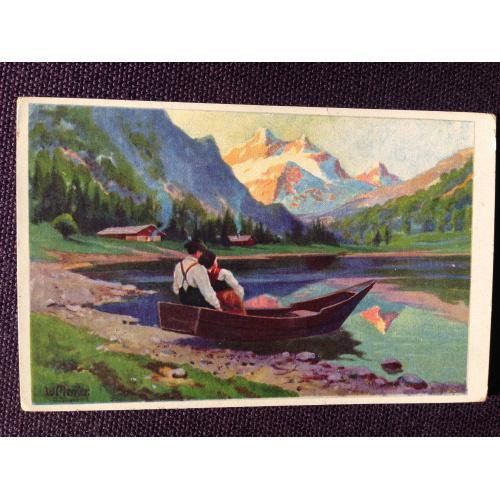 Французская открытка. Пара в лодке на горном озере.