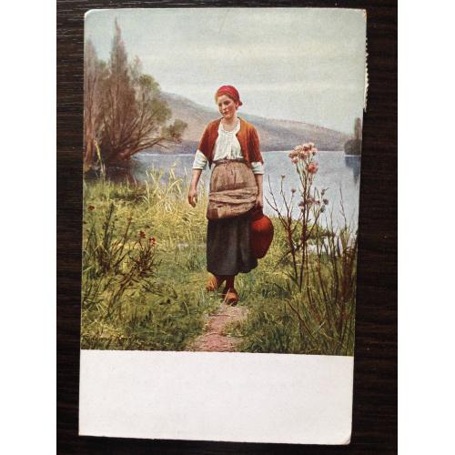 Немецкая открытка. Крестьянка у реки.