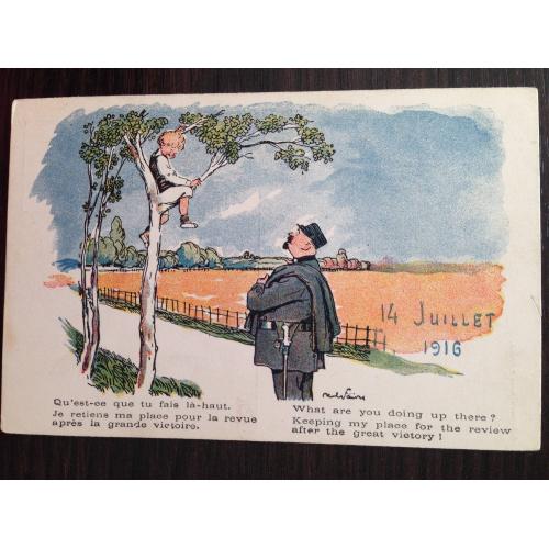 Открытка. Мальчик на дереве. 1916 г.