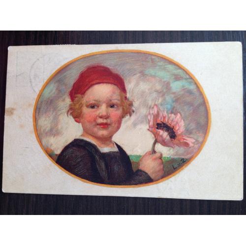 Старинная немецкая открытка. Худ. Zumbusch. Мальчик с цветком.