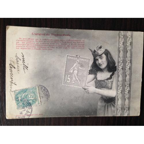 Старинная открытка. Фотография Bergeret. Девушка с почтовой маркой.