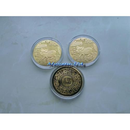 монета Рік Свині Китай 2019 Год Свиньи Кабана сувенір жетон золотиста Східний календар
