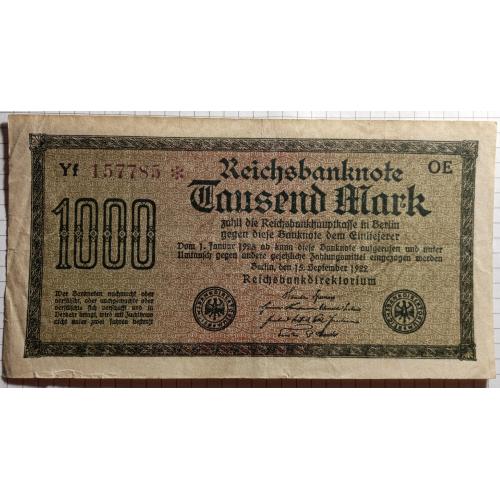 1000 марок 1922 рік Німеччина.Веймарська республіка 