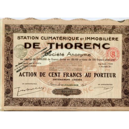 Акции Климатическая и риэлторская станция De Thorenc Париж 1928 год с купонами
