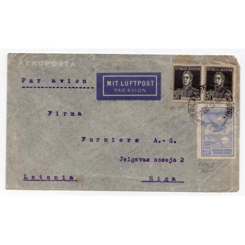 Авиапочта АРГЕНТИНА  Буэнос-Айрес - Рига 01-02-1932 коммеративные марки на письме