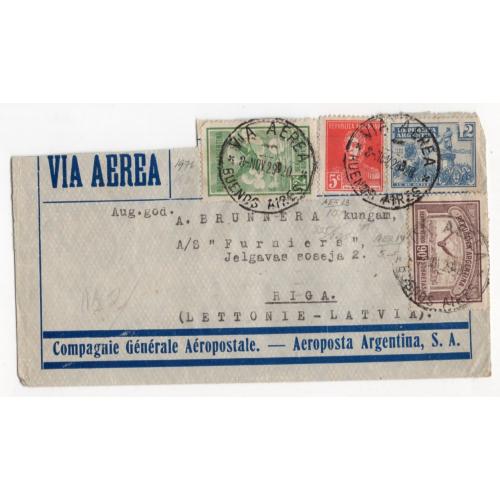 Авиапочта АРГЕНТИНА  Буэнос-Айрес - Рига 08.11.1929 коммеративные марки на письме
