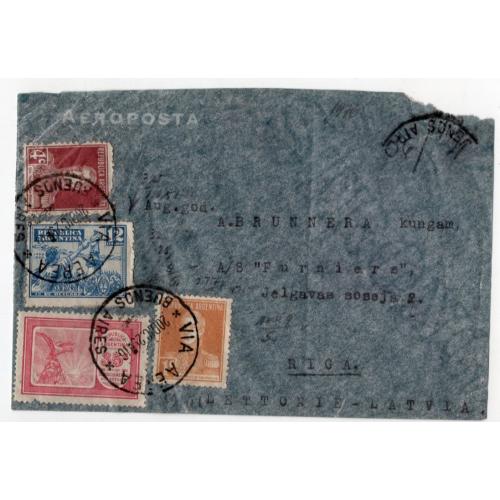 Авиапочта АРГЕНТИНА  Буэнос-Айрес - Рига 20.12.1929 коммеративные марки на письме
