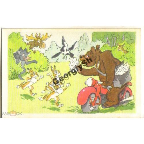 Баженов Почта из зоопарка 1969 Советский художник / мишка, мотоцикл  