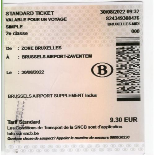 Бельгия Брюссель билет на поезд в аэропорт 30.08.2022