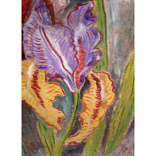 картина маслом Цветы на картоне, художник НЕГ 1998 31х31 см