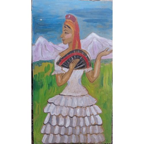 картина маслом Девушка с веером на картоне, художник НЕГ 1996 29х52 см