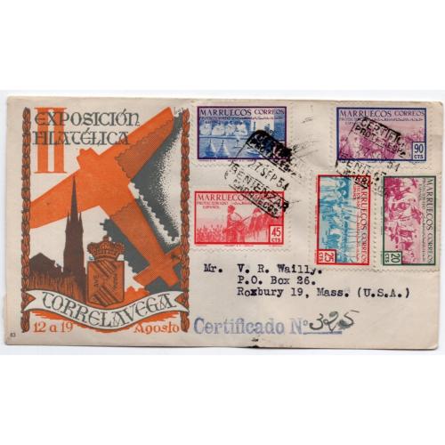 конверт Испанское Марокко филвыставка , серия марок , прошел почту 27.09.1954 авиация
