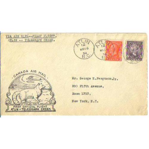 конверт Канадские авиалинии Перелет Atlim-Telegram 12.11.1934 / Канада / полярная лиса
