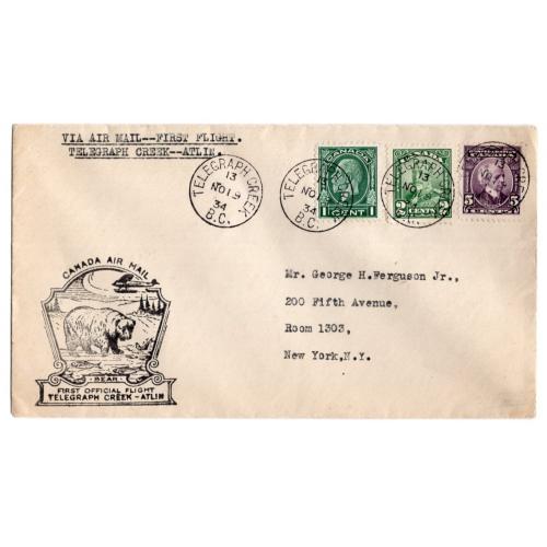конверт Канадские авиалинии ПерелетTelegram Creek- Atlim 13.11.1934 / Канада / медведь