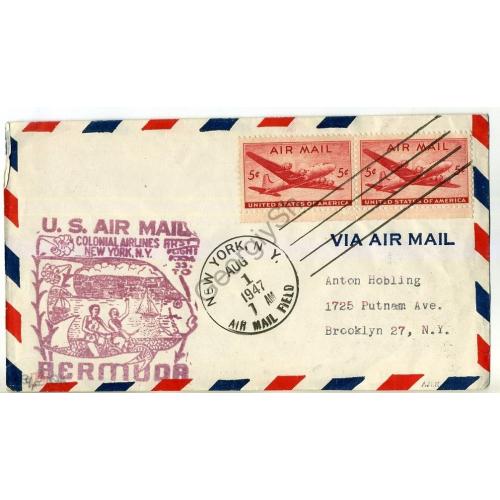 конверт США первый перелет Нью-Йорк - Бермуды 01.08.1947 спецгашение Бермуды Аквариум  