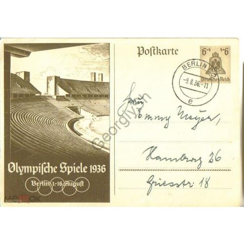маркированная почтовая карточка МПК Олимпиада Берлин 1936 Стадион прошла почту в период  Олимпиады
