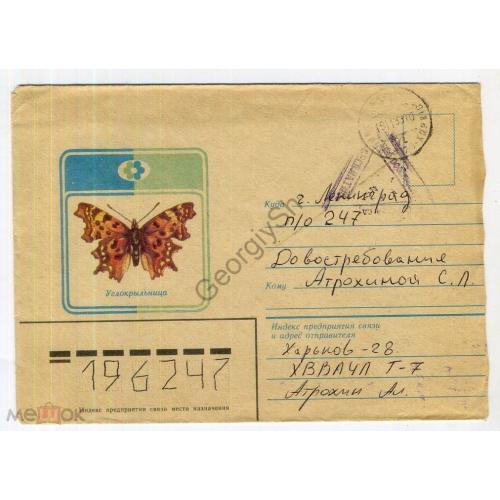 немаркированный конверт НК Артемова бабочка Углокрыльница 1982 почта военнослужащего  