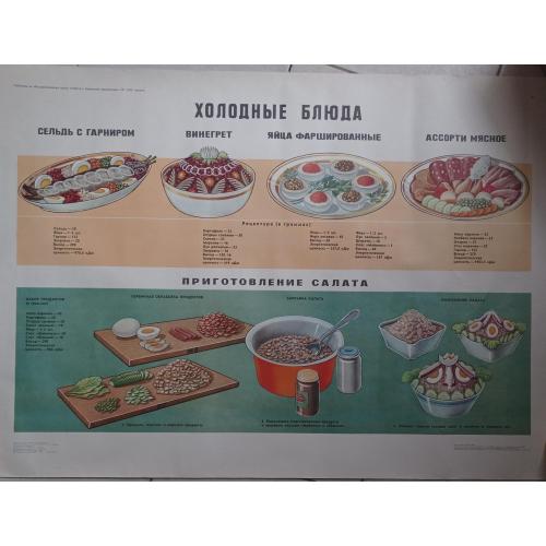 плакат Холодные блюда , Приготовление салата - 1985 Просвещение / учебное пособие 89х61 см 