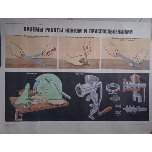 плакат Приемы работы ножом и приспособлениями - 1985 Просвещение / 89х61 см 