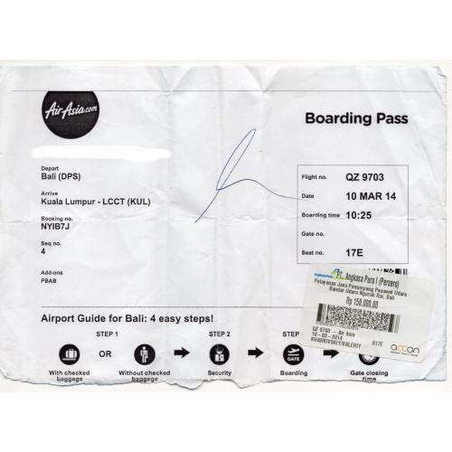 Посадочный талон ( билет ) на самолет Бали - Куала-Лумпур 10.03.2014 авиакомпания Air Asia