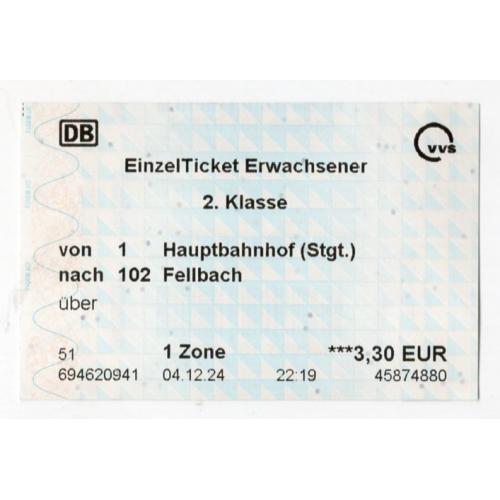 Талон / билет Билет VVS 2й класс разовый Штутгарт 04.12.2024
