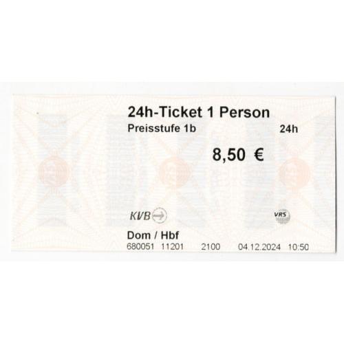 Талон / билет на общественный транспорт в Германии Кельнское транспортное предприятие 04.12.2024