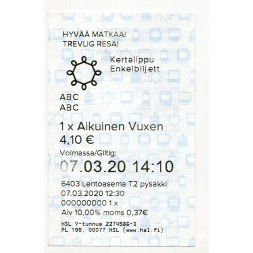 талон / билет на общественный транспорт в Хельсинки 07-03-2020