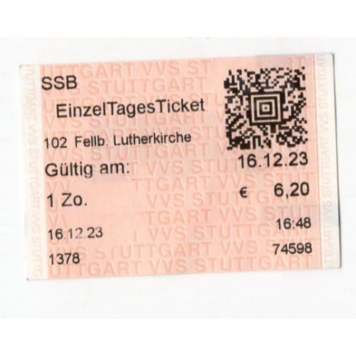 железная дорога , одноразовый дневоной билет электричка Германия Фелльбах 16.12.2023