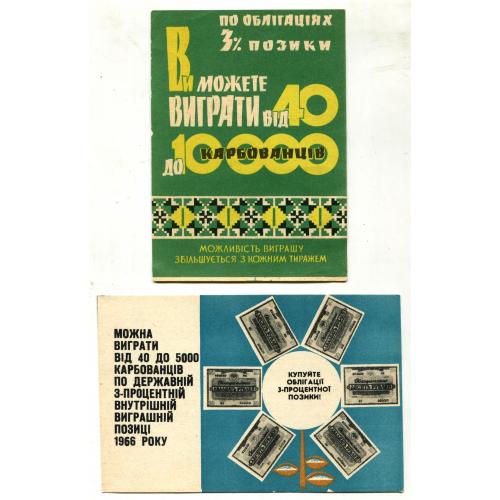 "Купуйте облігації 3% позики". Мінілистівки. Реклама. 1966 р. 2 шт. 10 х 15 см.