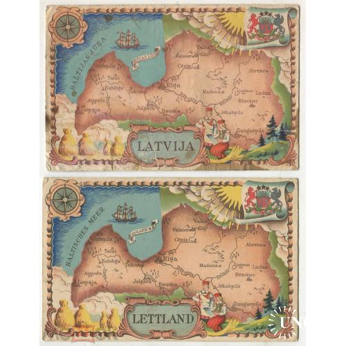 Латвия. Latvija. Lettland. Карта. Герб. 2 открытки. На двух языках. 1918 год.