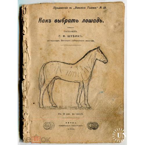 Лошадь. "Как выбрать лошадь".  Вятка. 1906 г. 51 страница. 18 рисунков.