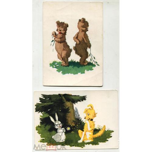 Медведи. Заяц. Собака.. Латвия. Рига.. 2 открытки. 1957 г.