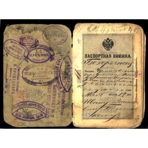 Паспорт. 1907 г.  ШЕСТЬ РАЗНЫХ МАРОК(!!!).  Непочта.