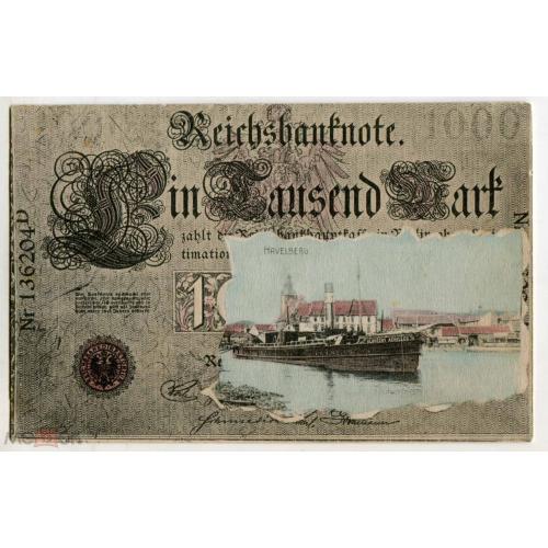 Reichsbanknote. Деньги на открытках. Havelberg. Корабль. Почта Германии.