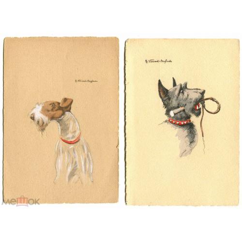 Собаки. Литографии. Две открытки. 10 х 15 см.