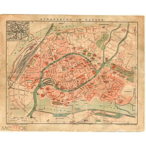 STRASSBURG IM ELSASS. Страссбург. Франция. Карта. 25 х 29 см. 1892 г. Brockhaus. Leipzig.