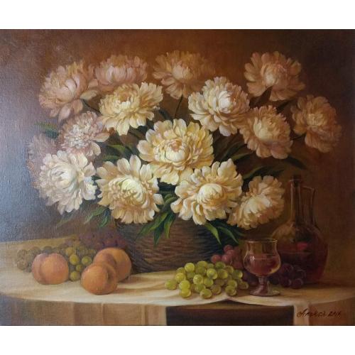 "Белые пионы и фрукты",картина маслом