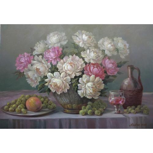 "Пионы и фрукты"картина маслом