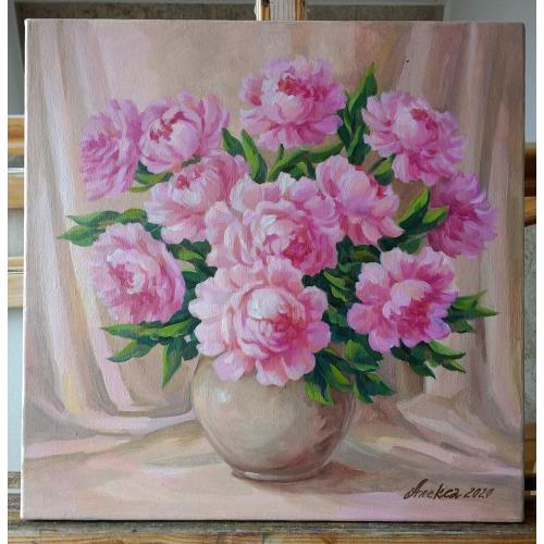 "Розовые пионы", картина маслом.