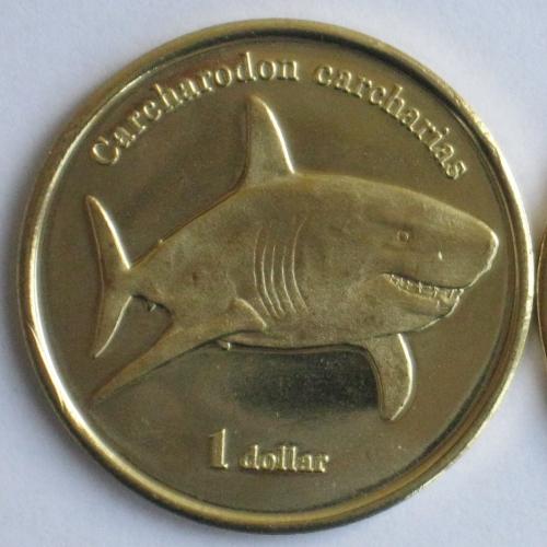 Французская Полинезия остров Муреа МОРЕА Moorea 1 доллар 2019 Белая акула Carcharodon carcharias