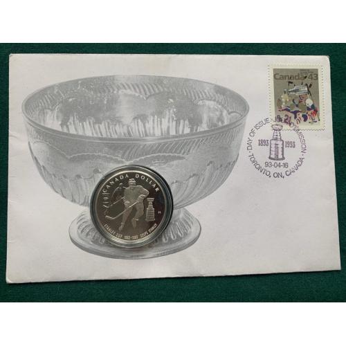 Канада 1993 долар Кубок Стенлі 100 років хокею 925 срібло монета конверт марка КПД Торонто KM # 235