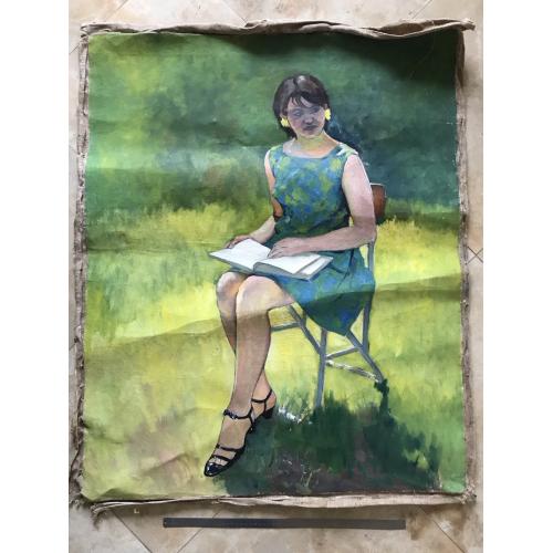 КАРТИНА Девушка с книгой в саду стул босоножки масло холст 105 х 84 см