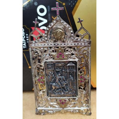 Святой Георгий Победоносец Серебряная настольная икона с фианитами серебро 925 Ровеньки Агат 81 грам