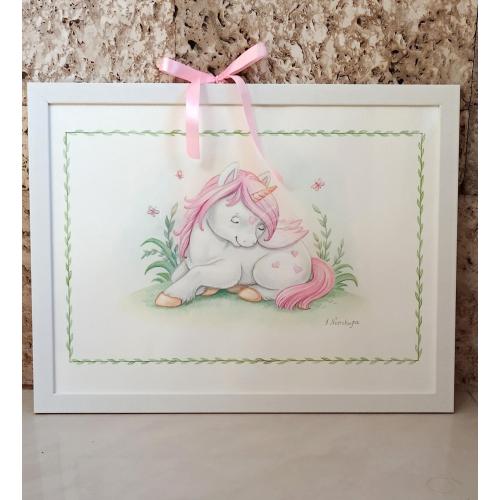 Акварельна картина до дитячої "Sleeping unicorn"
