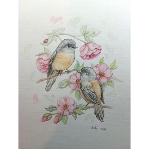 Акварельна картина  "Птахи у квітах"