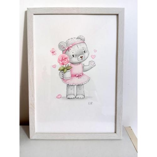 Авторська акварельна серія картин ′Ведмедик у рожевому′. Акварель, папір А4.