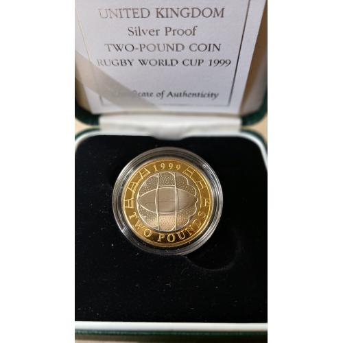 2 фунта Великобритания 1999 г. "Чемпионат мира по регби" (серебро+позолота)