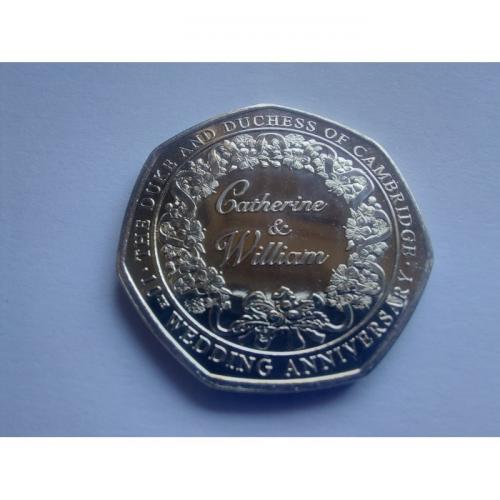 50 пенсов Гибралтар 2021 г. "10 лет свадьбе герцога и герцогини Кембриджских"